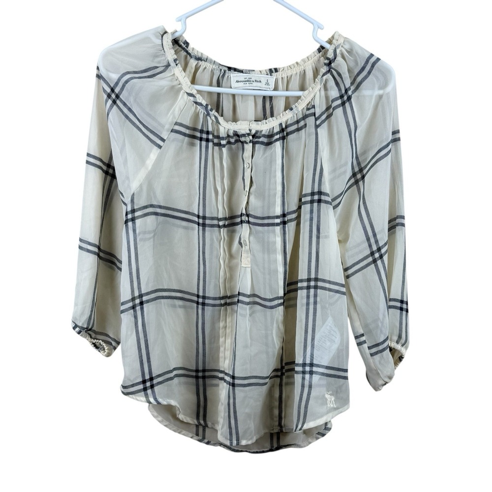 ABERCROMBIE Peasant Top S Ivory Navy Plaid Babydoll Swing Hippie‎ Cottage NWT